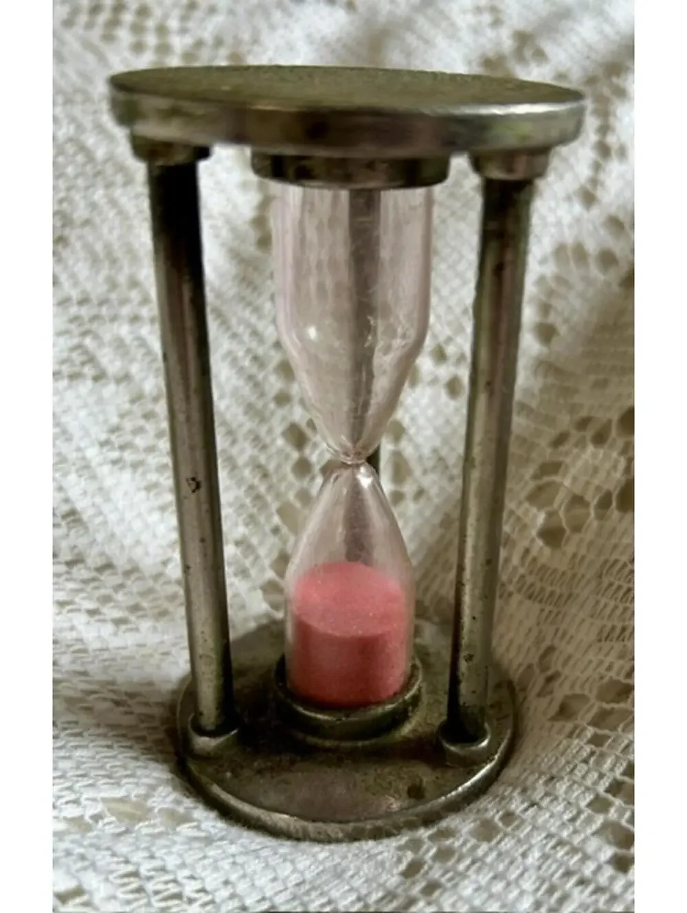 Vintage Metal and Glass Hourglass Timer with Pink Sand